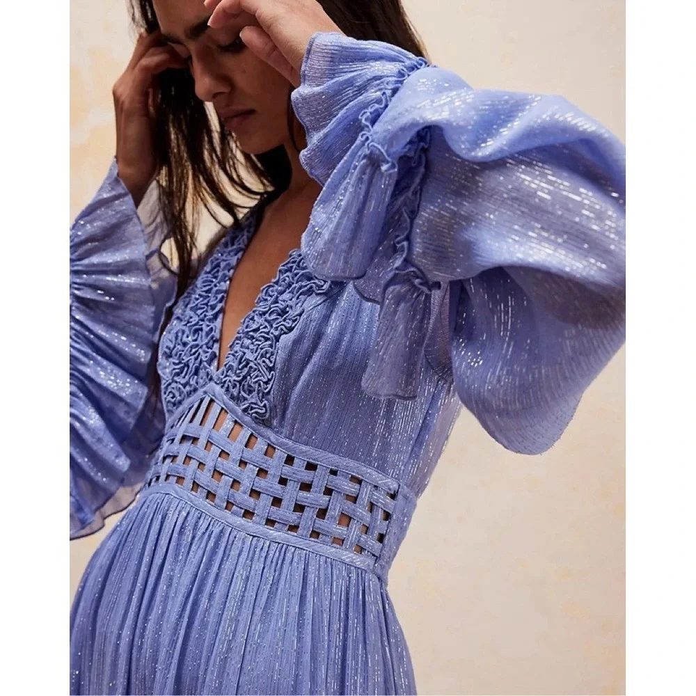 NEW Free People Seraphina Tiered Maxi Dress Electric Blue Medium/M $350 Stunning